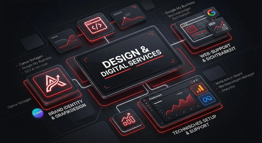 Infografik der Design & Digital Services von ArsMotion: Brand Identity, Grafikdesign, Web-Support und technisches Setup für ein starkes digitales Ökosystem.