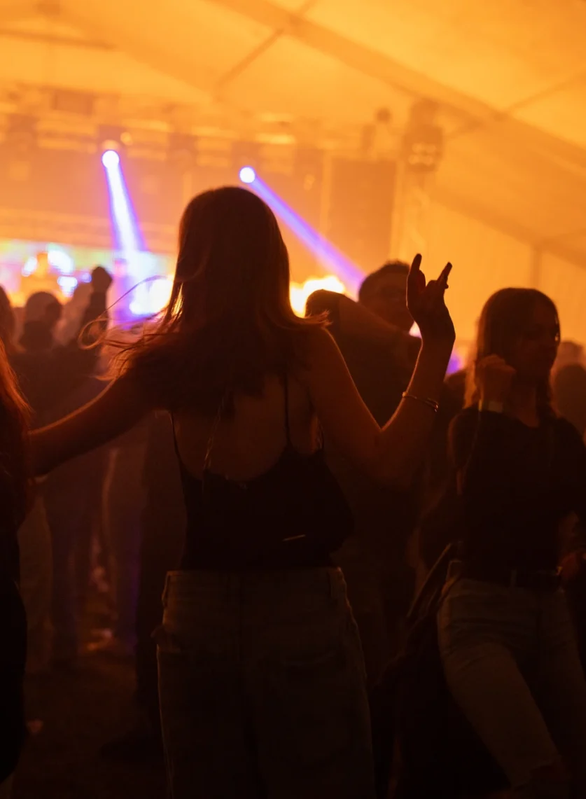 Atmosphärische Eventfotografie beim Greenfield 2025: Tanzende Menge in warmem Bühnenlicht in Kleinhadersdorf