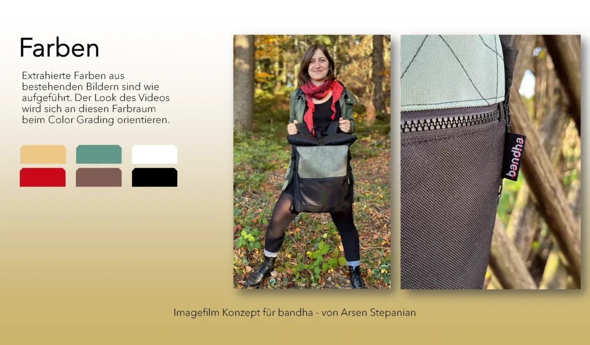 Farbschema und Color Grading Konzept für das bandha Video mit Naturtönen und Markenfarben