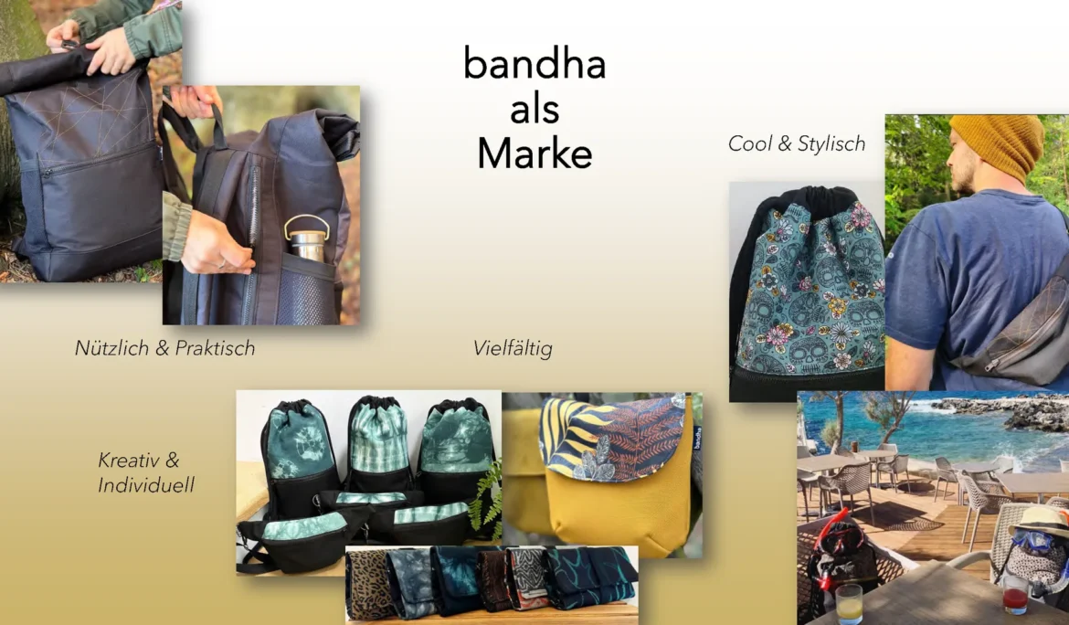 Darstellung der Marke bandha mit verschiedenen Upcycling Produkten wie Rucksäcken und Taschen für einen individuellen Stil