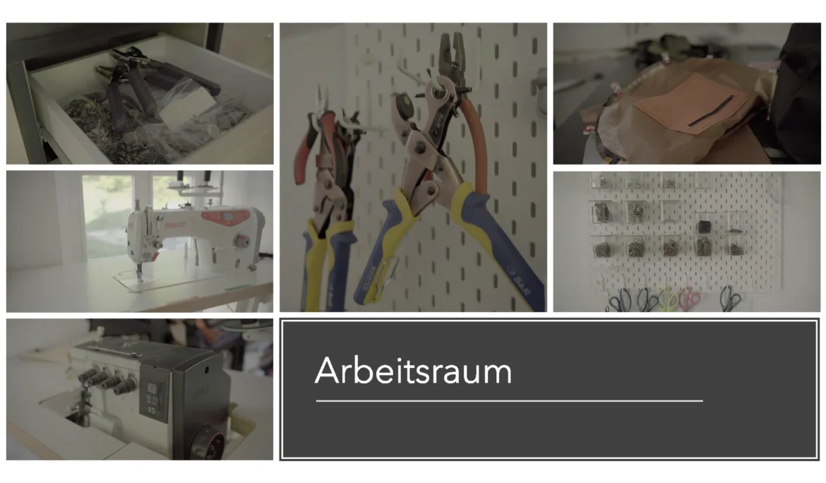 Einblicke in den Arbeitsraum und das Atelier von bandha mit Werkzeugen und Nähmaschinen für die Produktion